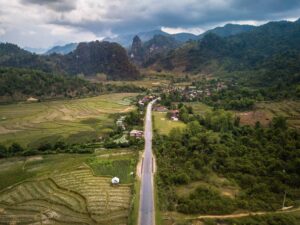 An aerial view of Route 4 connecting Luang Prabang and Vang Vieng in northern Laos