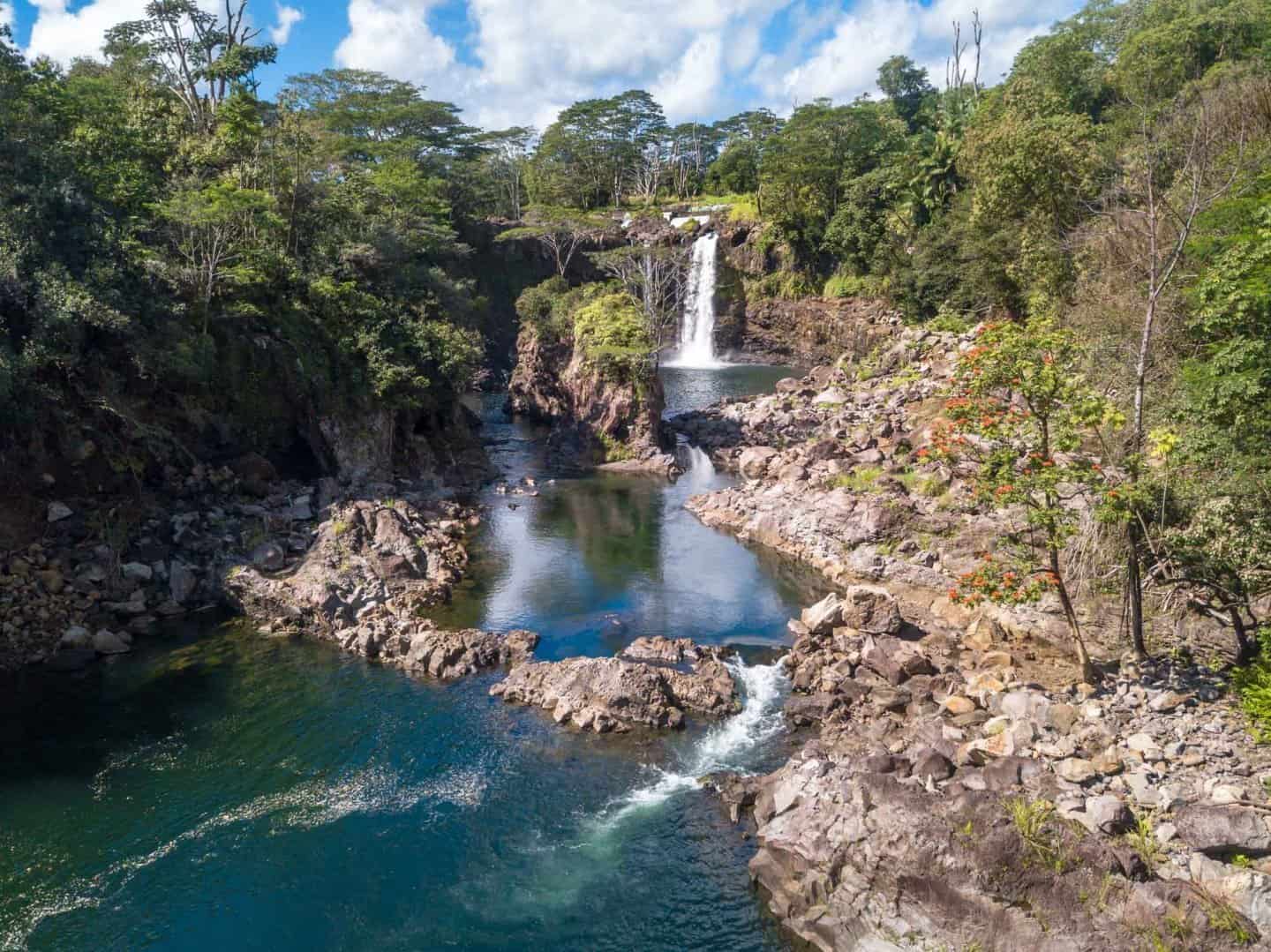 The beautiful Peepee Falls spills into the Hilo Boiling Pot on Big Island Hawaii, one of the best locations for Big Island photography