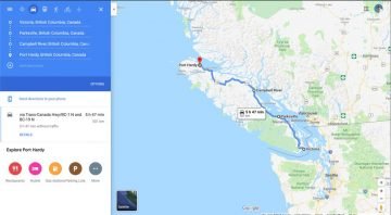 Vancouver Island map showing driving distances from south to north
