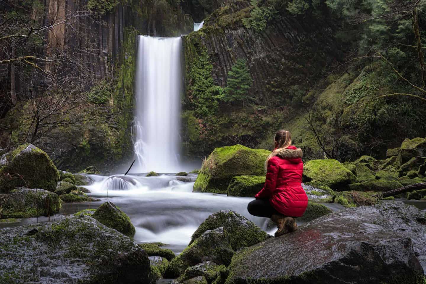 Admiring the amazing Toketee Falls from the base.