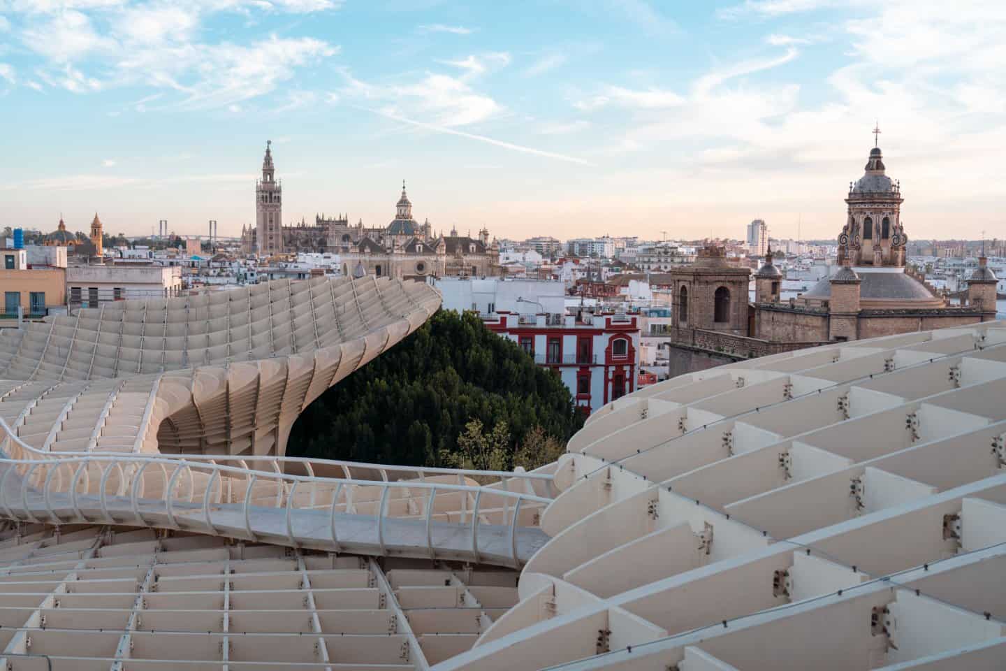 Metropol Parasol walkway with Seville Cathedral, one of the most instagrammable spots in Seville