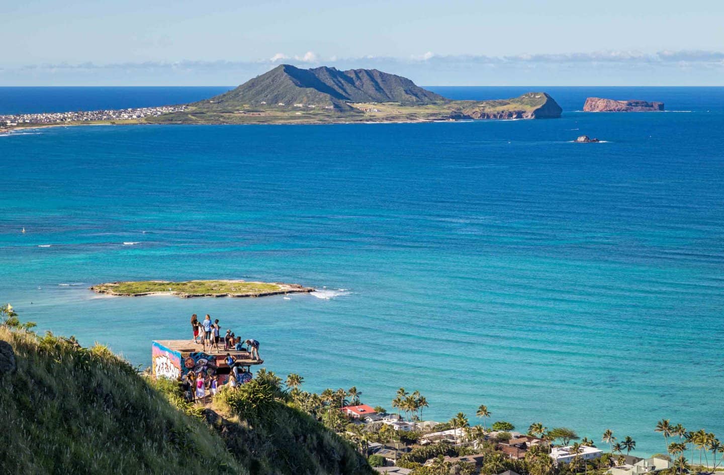 Beautiful view on Popoia (flat island) and Kailua Bay from Lanikai Pillbox hike in Oahu.