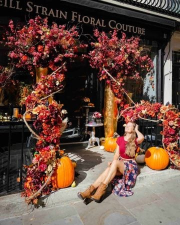 Seasonal autumn floral display outside Neill Strain Floral Couture London