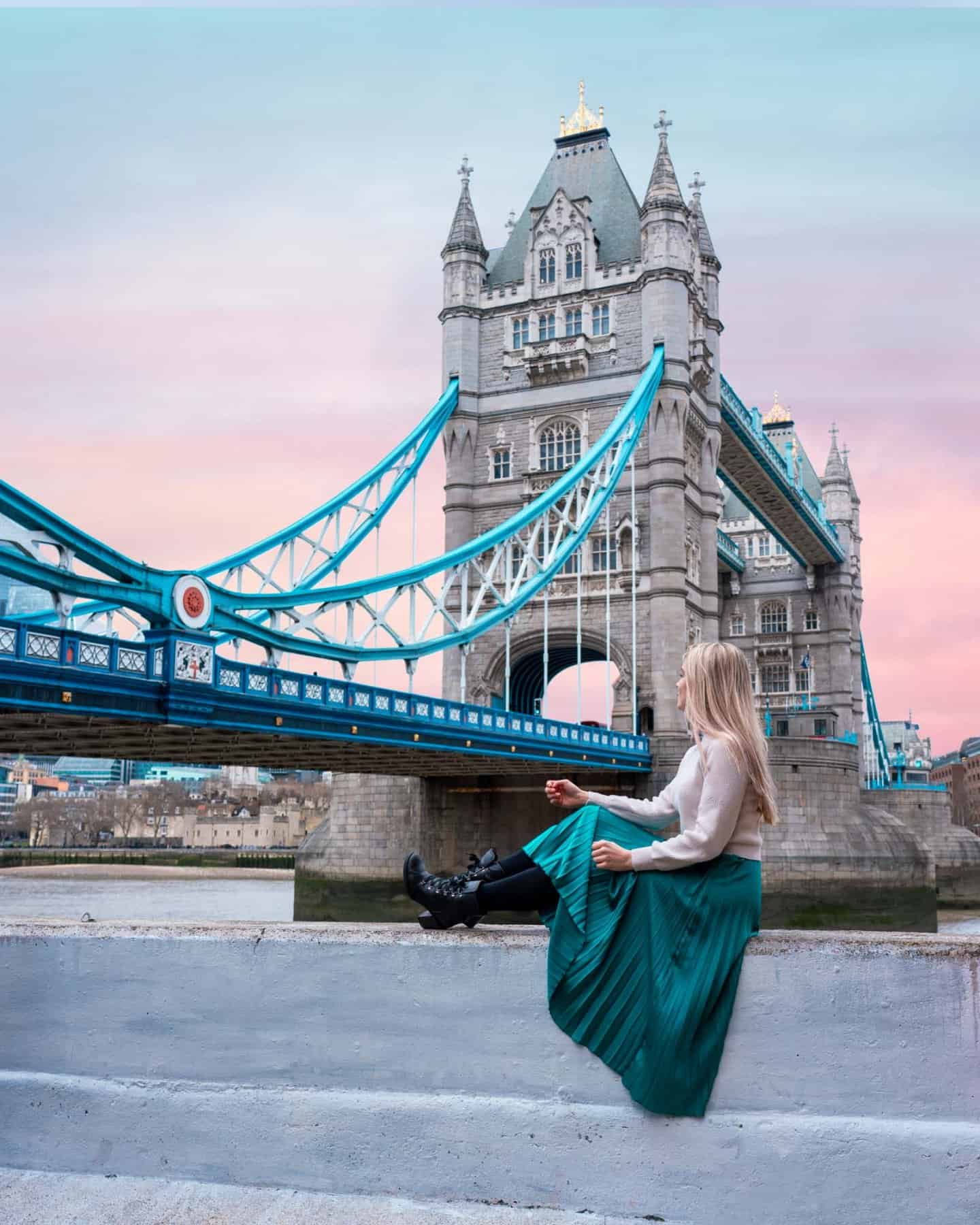 Sunset colours alight the sky behind Tower Bridge to create the perfect Instagrammable photo in London