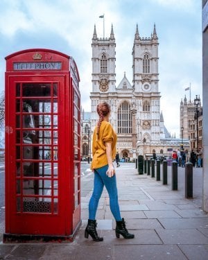 Westminster Abbey photographed from Tothill Road with a red phone box. A must-see in London in 2 days.