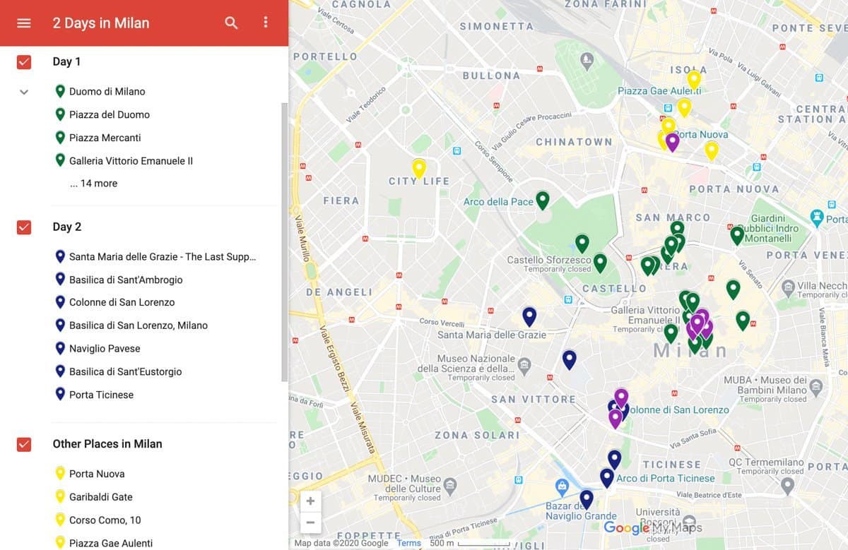 Map of 2 days in Milan Itinerary