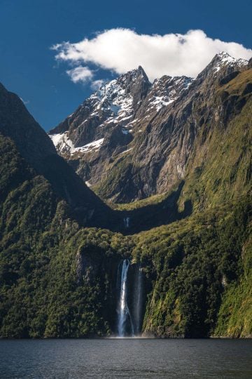 Bowen Falls spilling into the Milford Sound is a popular composition for New Zealand landscape photography.