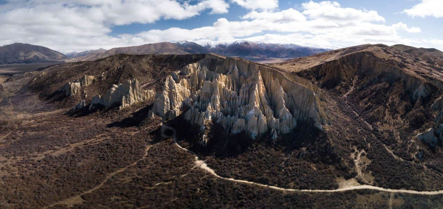 A panoramic photo of the Clay Cliffs of Mackenzie.