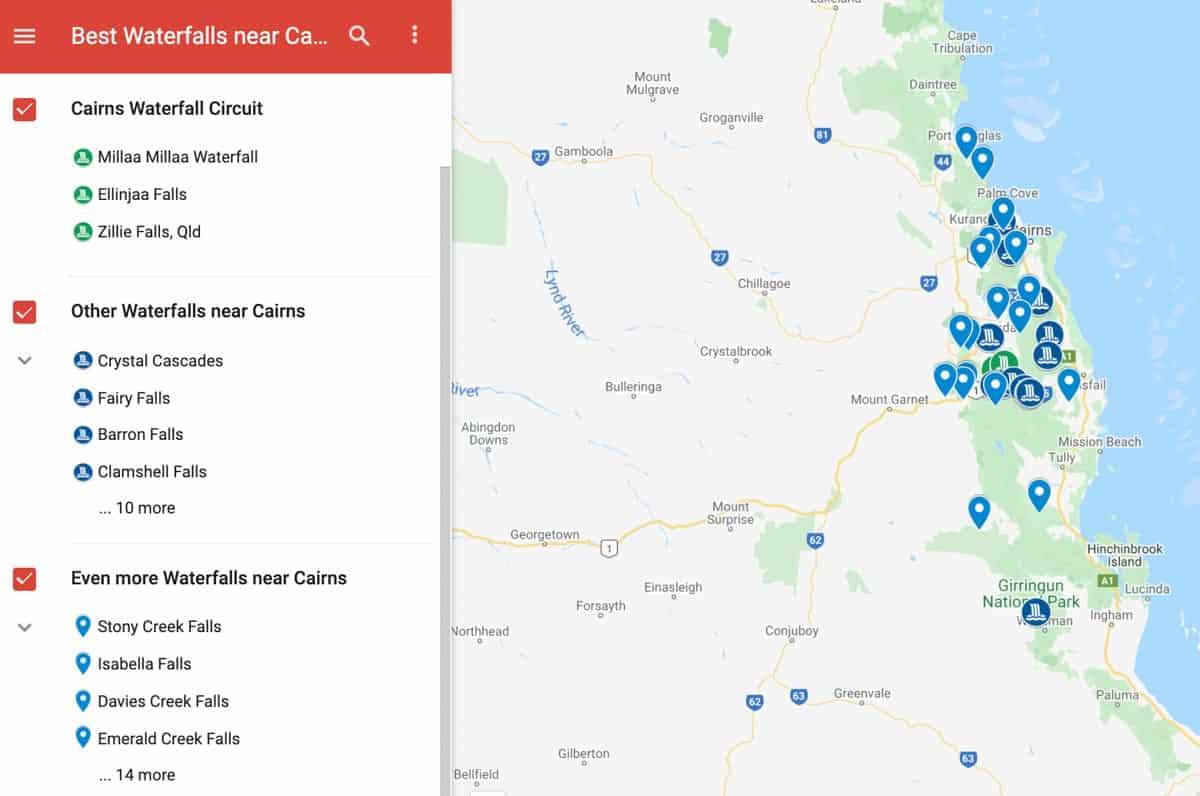 Map of all the best waterfalls near Cairns.