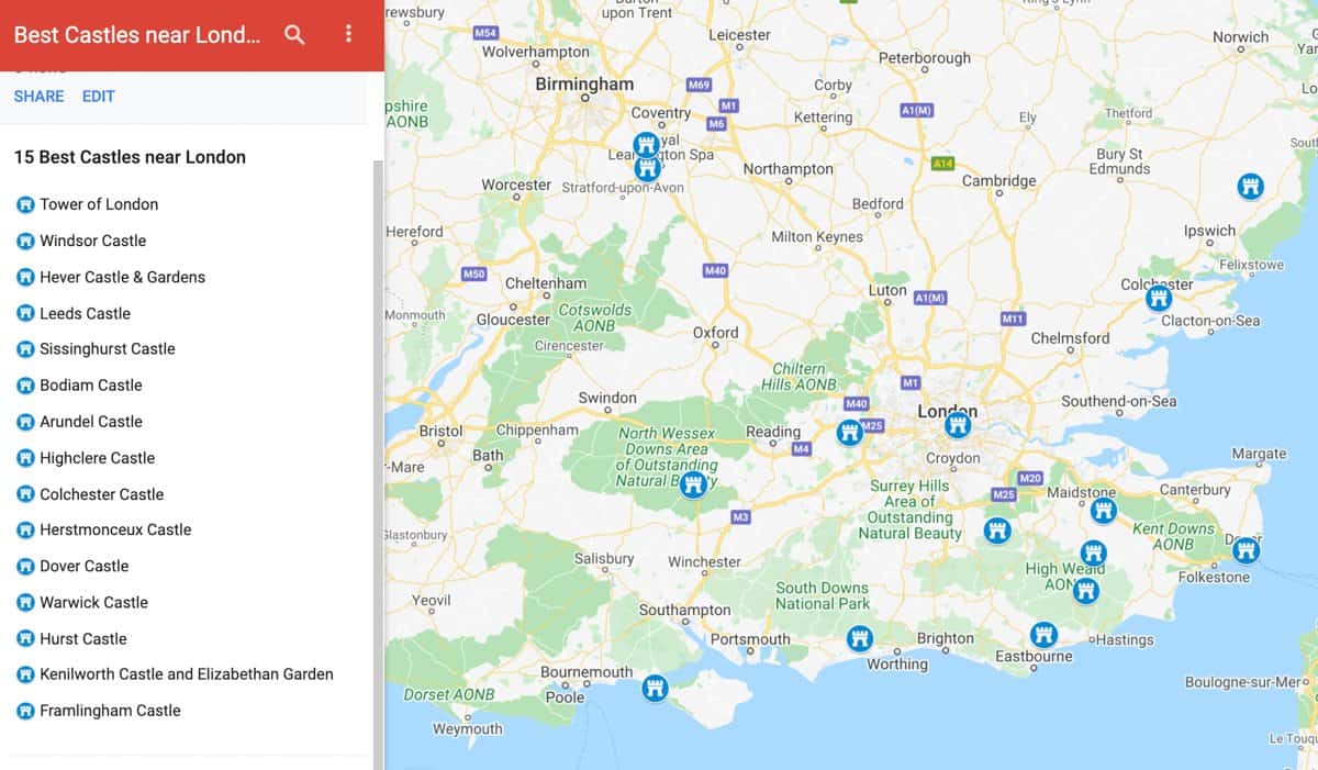 Map of the Best Castles near London that can easily be reached on a day trip from London.