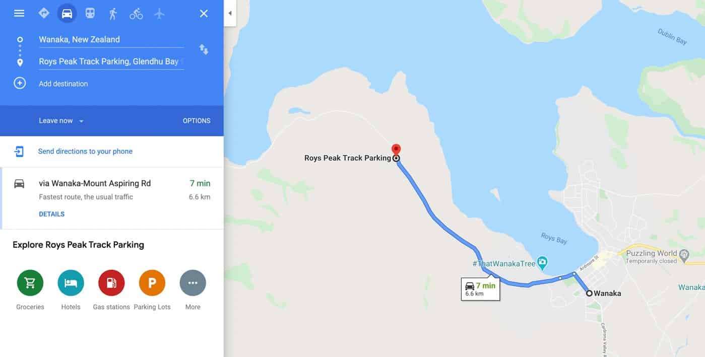 A map with directions from Wanaka to Roys Peak track.