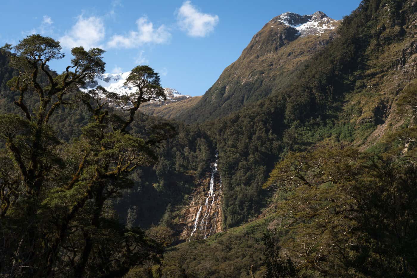A trickling waterfall speaks to a dry week at Doubtful Sound.