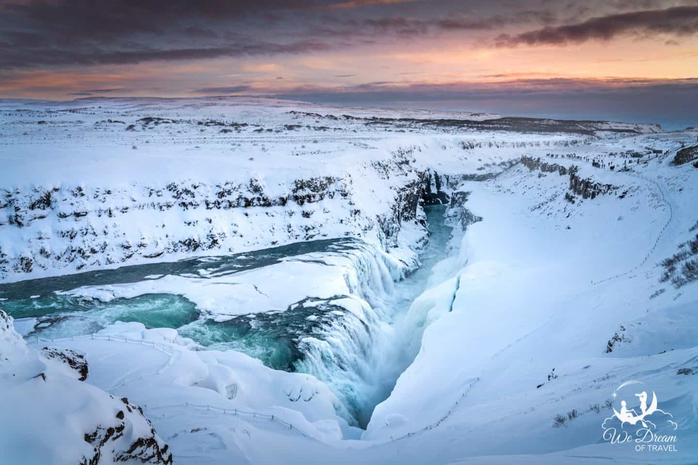 Sunset photography from Gullfoss waterfall in Iceland.