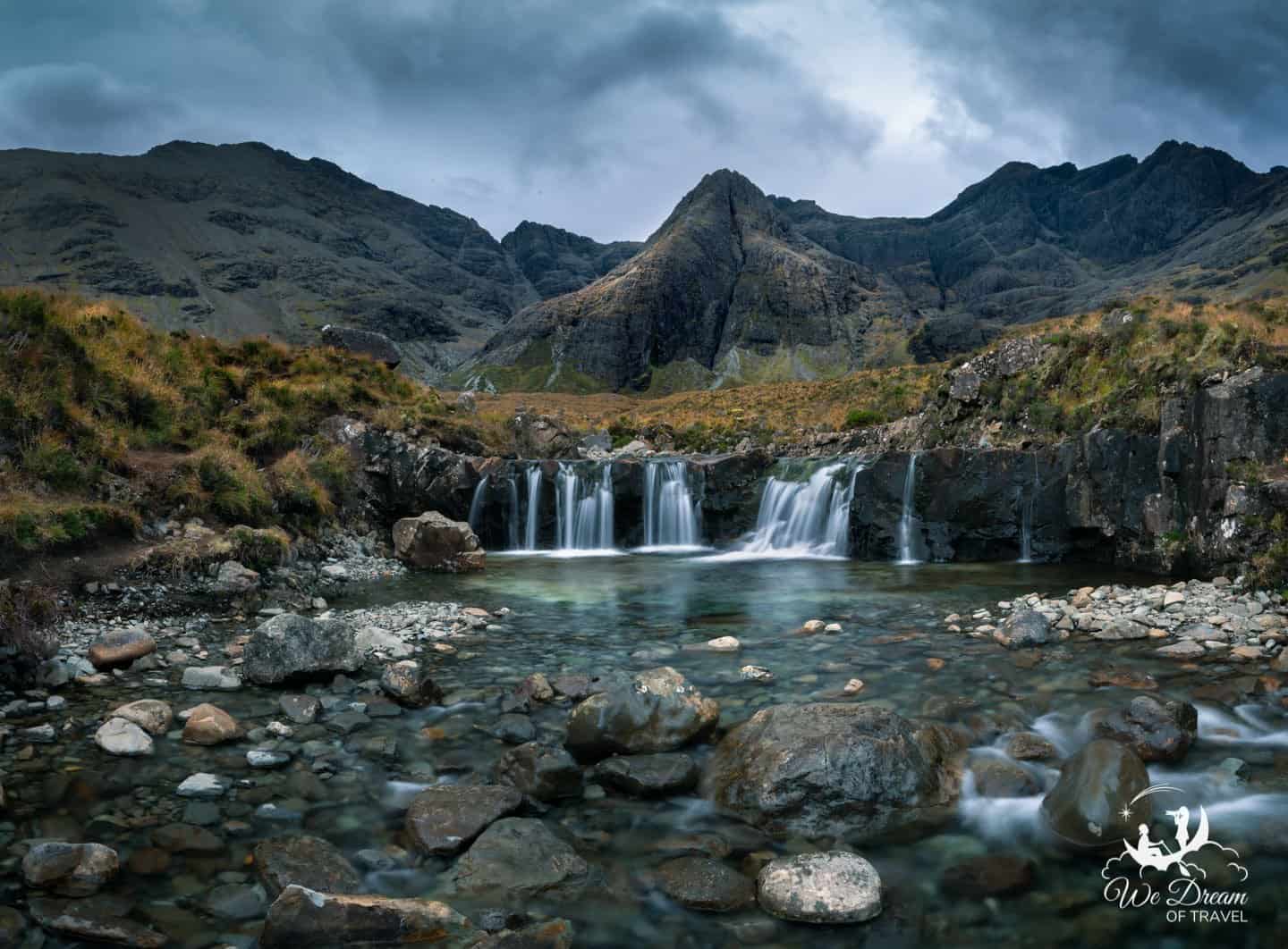 The Fairy Pools walk is one of the most popular hikes for Isle of Skye photography. Grab your ND and follow a tumbling, emerald-green stream toward the Black Cuillin Mountain.