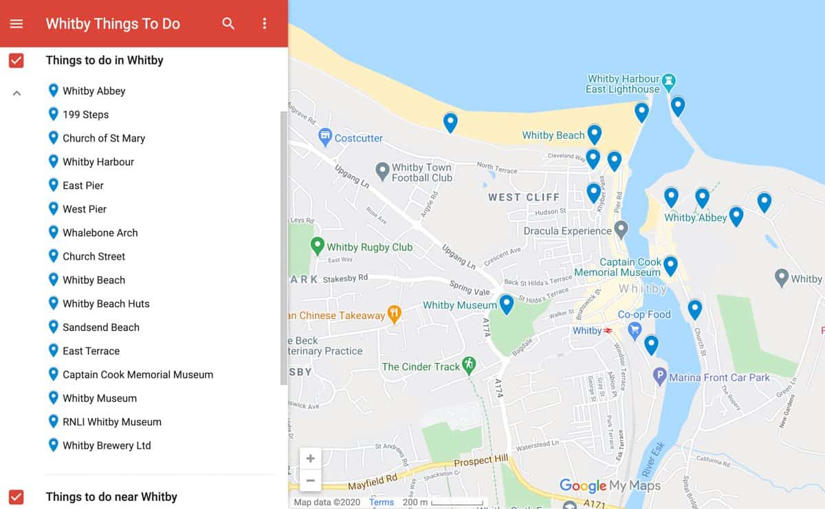 Google Map showing the best things to do in Whitby, Yorkshire.