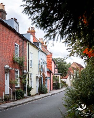Colourful houses line the streets of Lymington town in the New Forest, Hampshire