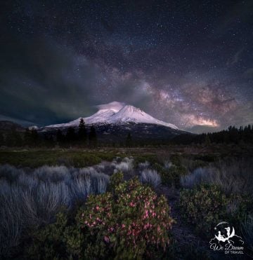 Night photography (aka astrophotography) of Mt Shasta under a Milky Way sky.