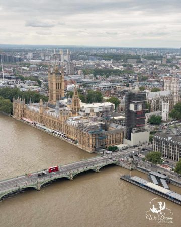 View over the River Thames of Westminster Bridge, Big Ben and the Houses of Parliament from the top of the London Eye