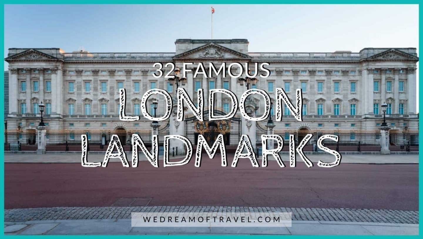 Famous London Landmarks blog cover graphic. Title text overlaying an image of Buckingham Palace.