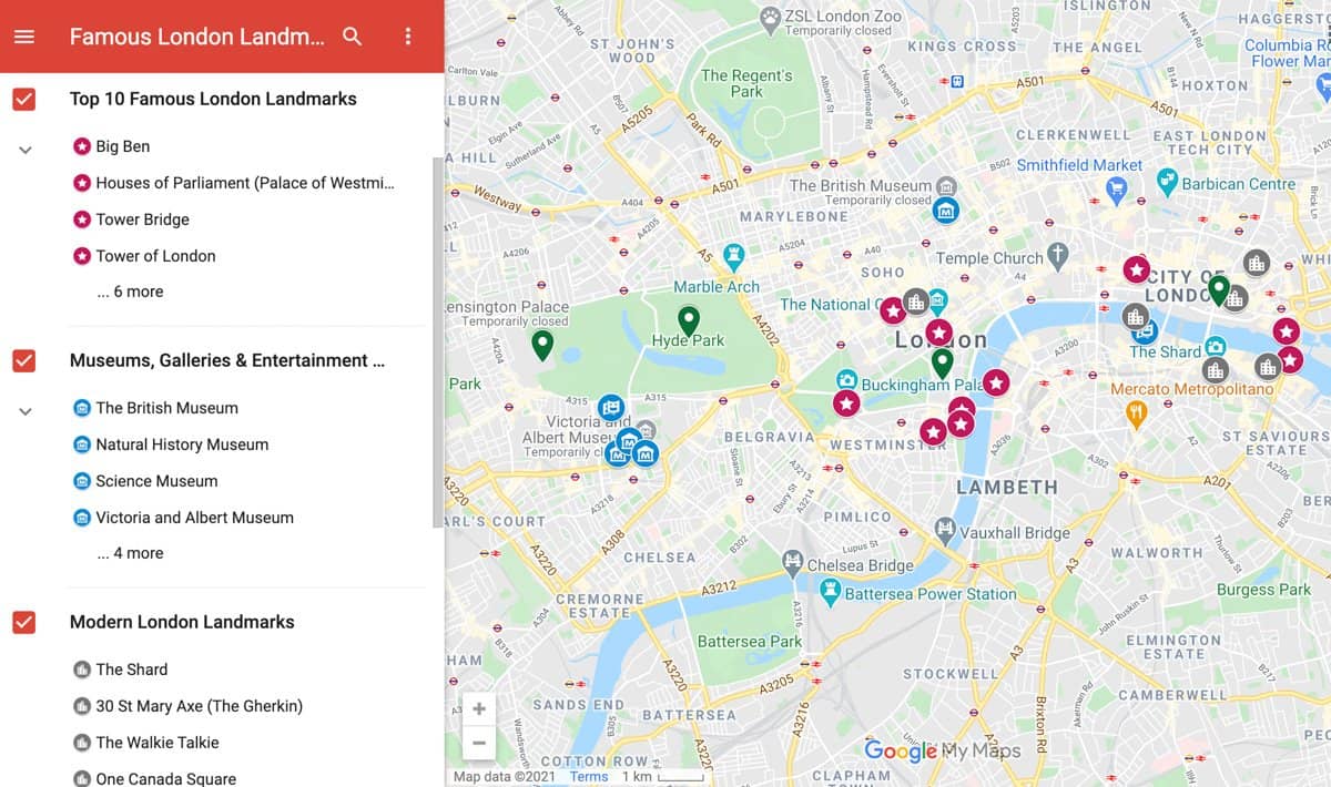 Map of all the landmarks in London mentioned in this blog post.