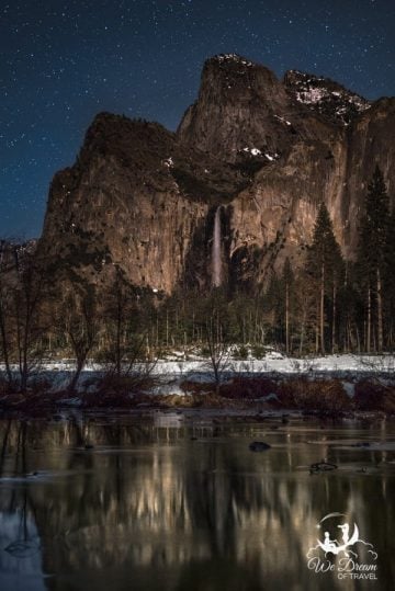 Nighttime Yosemite photography featuring Bridalveil Falls under the stars.