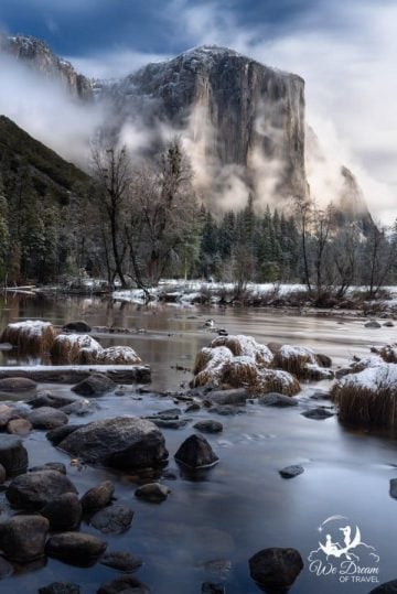 A long exposure photograph of El Capitan in the winter.