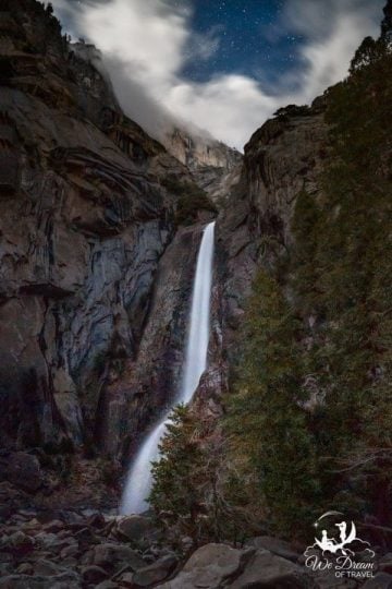Night photography featuring Lower Yosemite Falls.