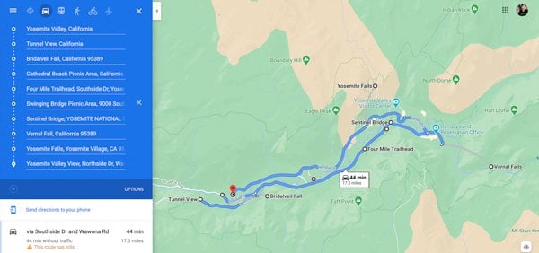 Day trip Yosemite itinerary map