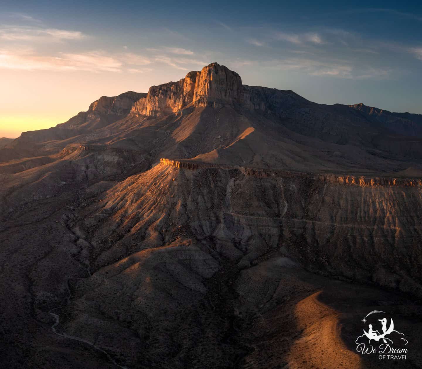 Aerial photography showcasing sunset on the Guadalupe Mountains (taken from outside the national park.)