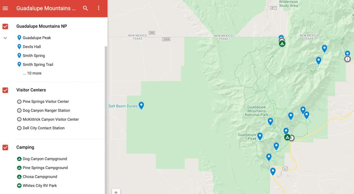 Interactive Google Map of Guadalupe Mountains National Park