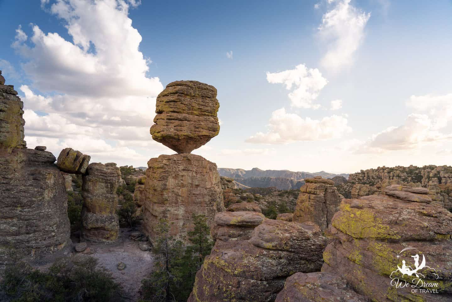 A balanced rock looks like it could topple over at any time in Chiricahua