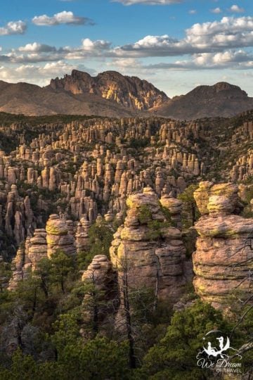 Golden hour casts light and shadows over the rock formations at Chiricahua