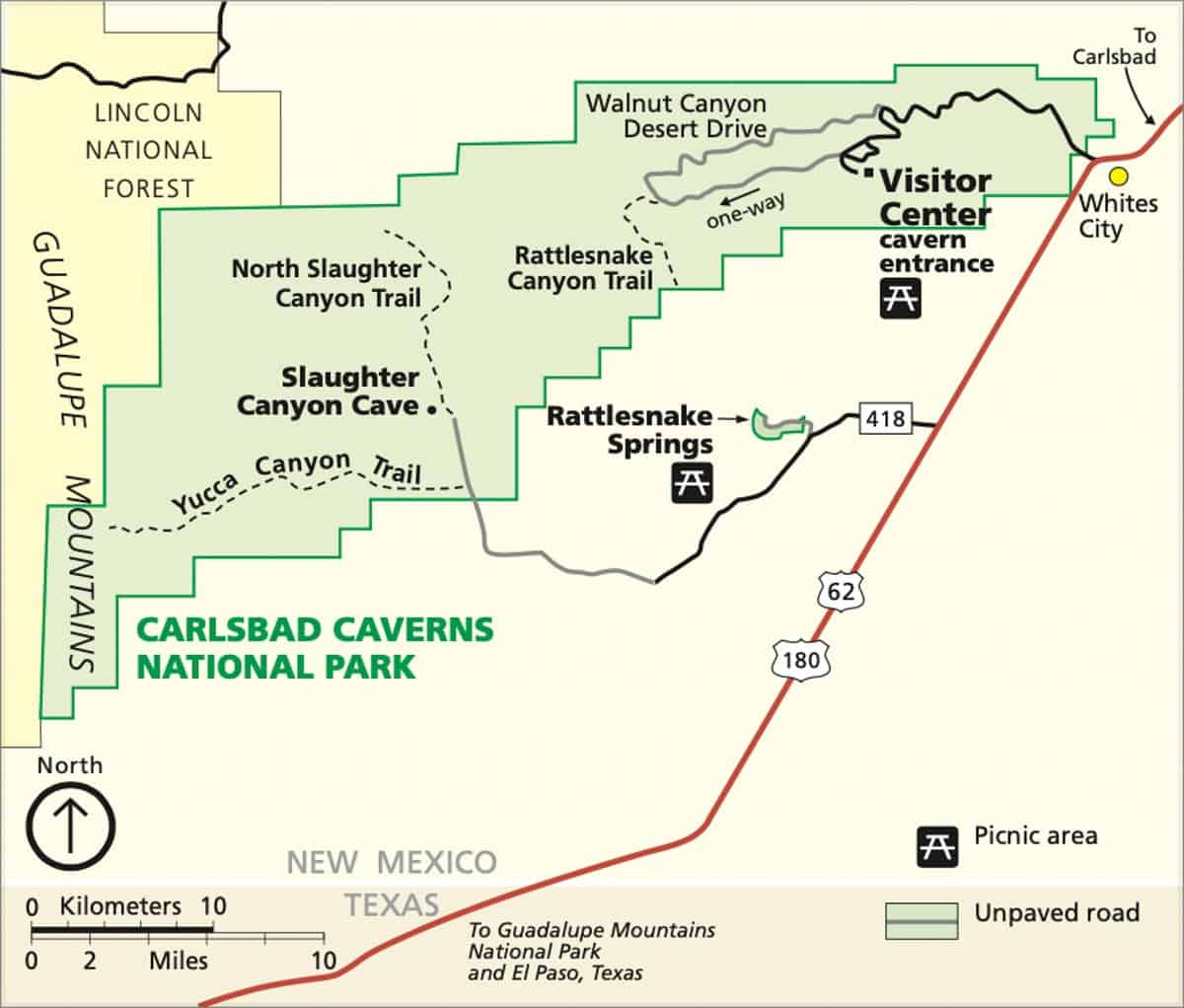 Official NPS map of Carlsbad Caverns National Park