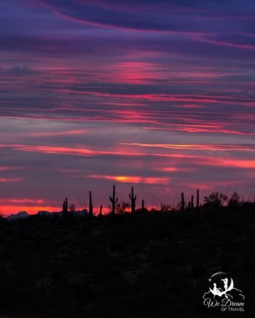 Crazy colored sky over distant cacti in Saguaro East National Park.
