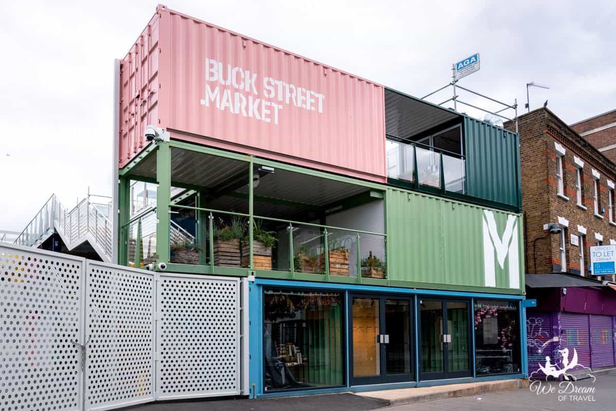 Buck Street Market comprised of shipping containers in Camden High Street