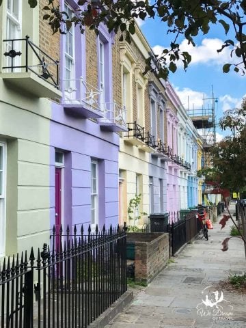 A row of vibrant colourful terraced houses in Hartland Road, Camden Town, London