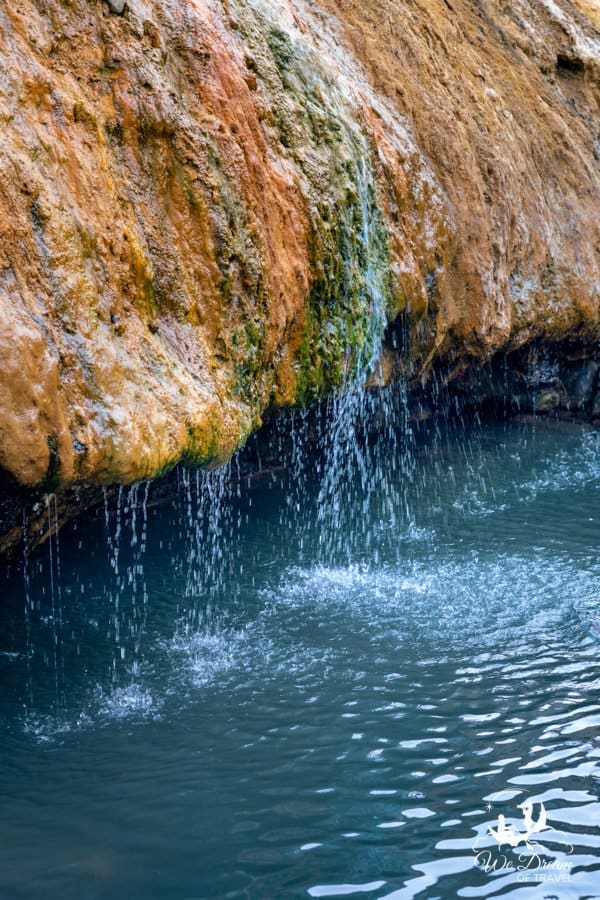 Close up photo of the waterfall at Buckeye Hot Springs.