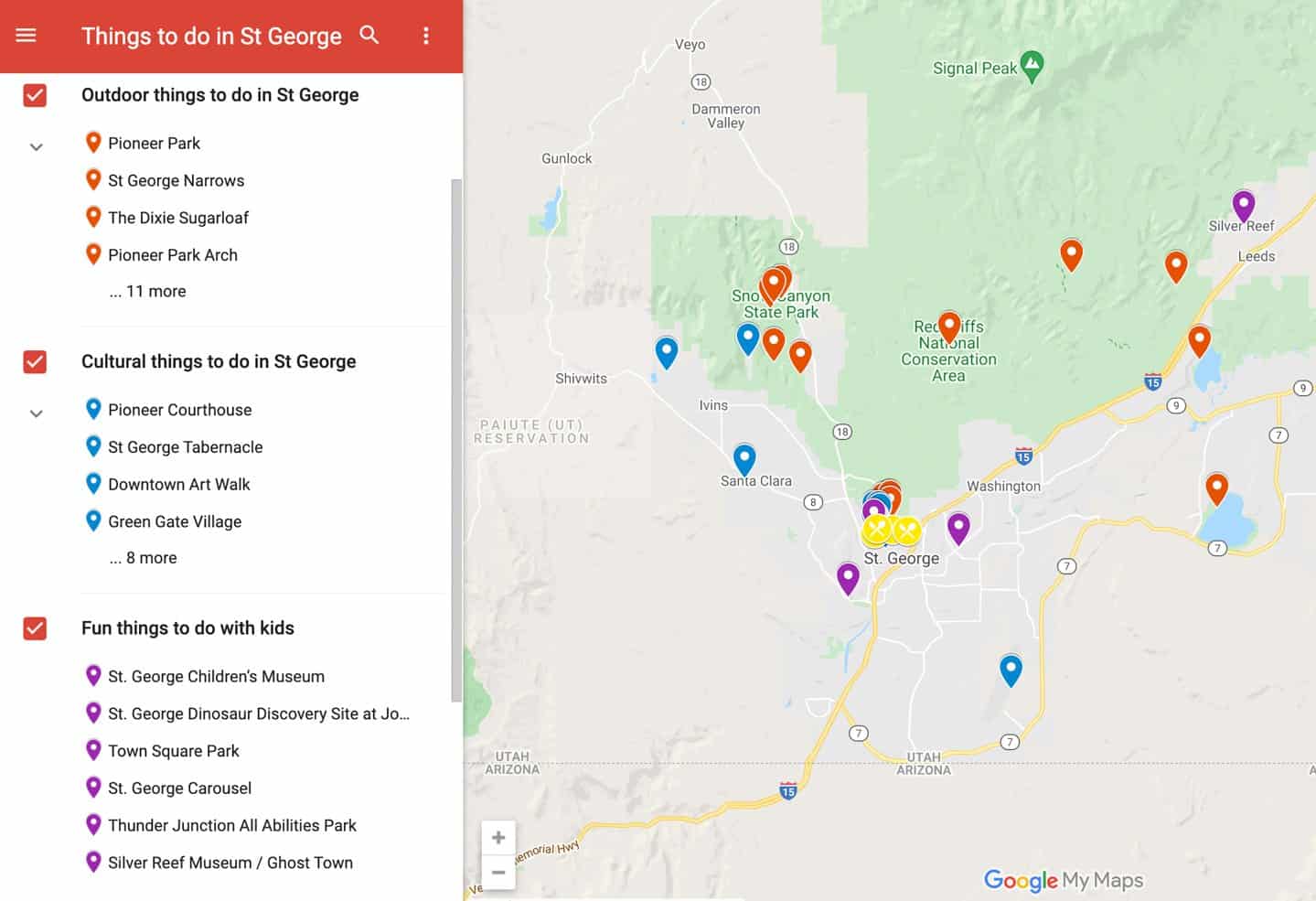 Map of all the best things to do in St George.