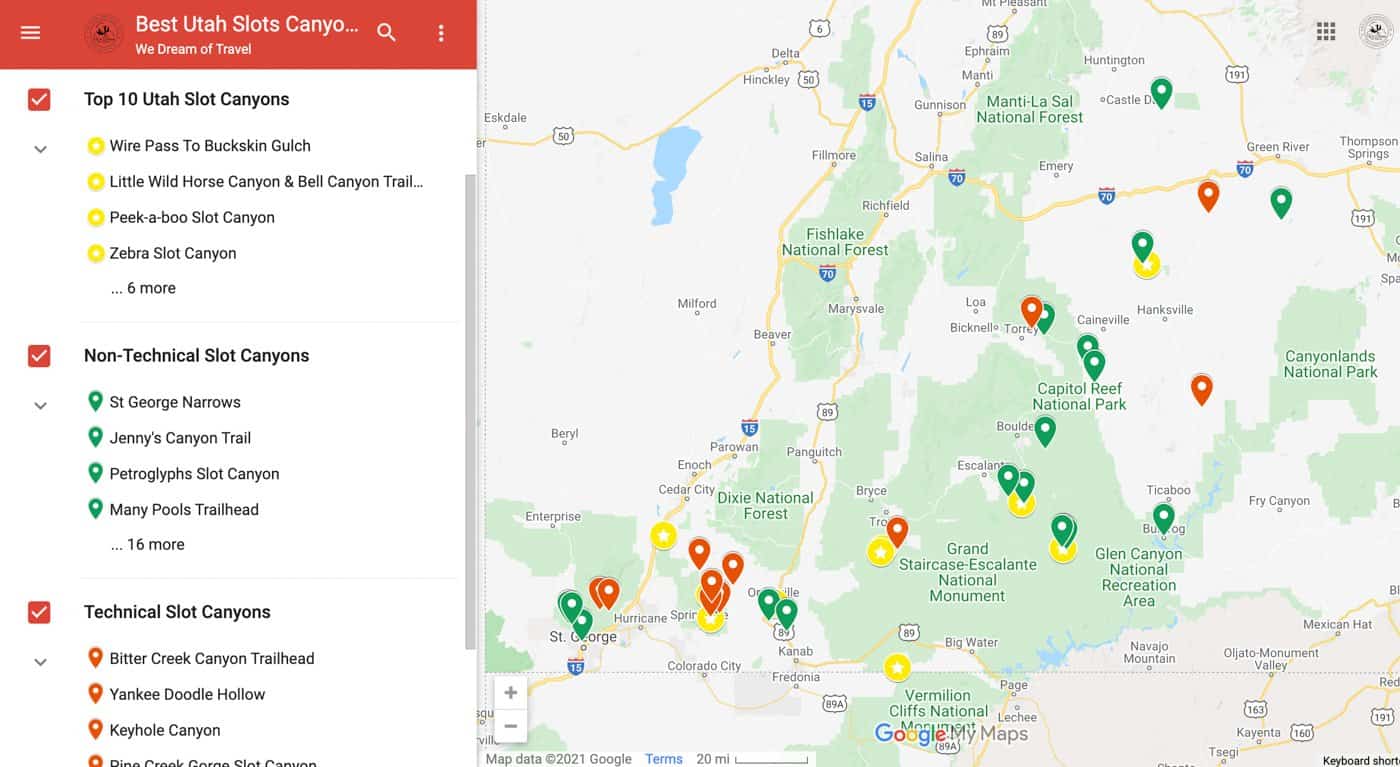 Map of Utah slot canyons.