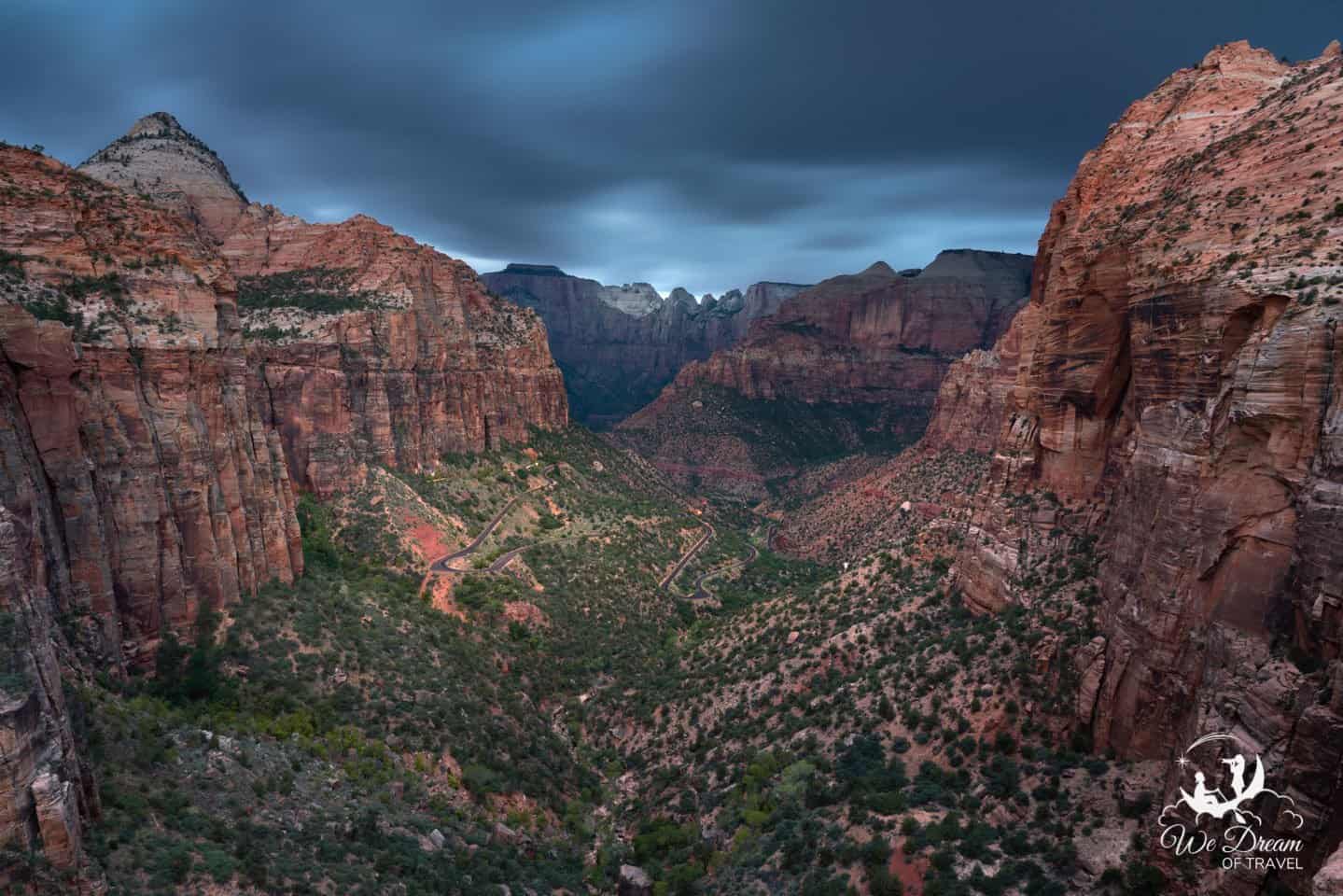 Just before entering the tunnel connecting Zion East and Zion West, stop by the Zion Canyon Overlook for incredible views of the valley.