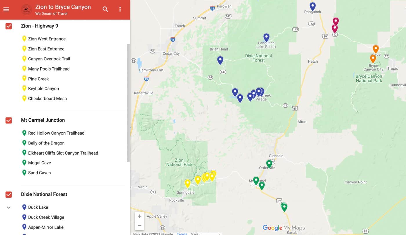 Zion to Bryce Canyon Map