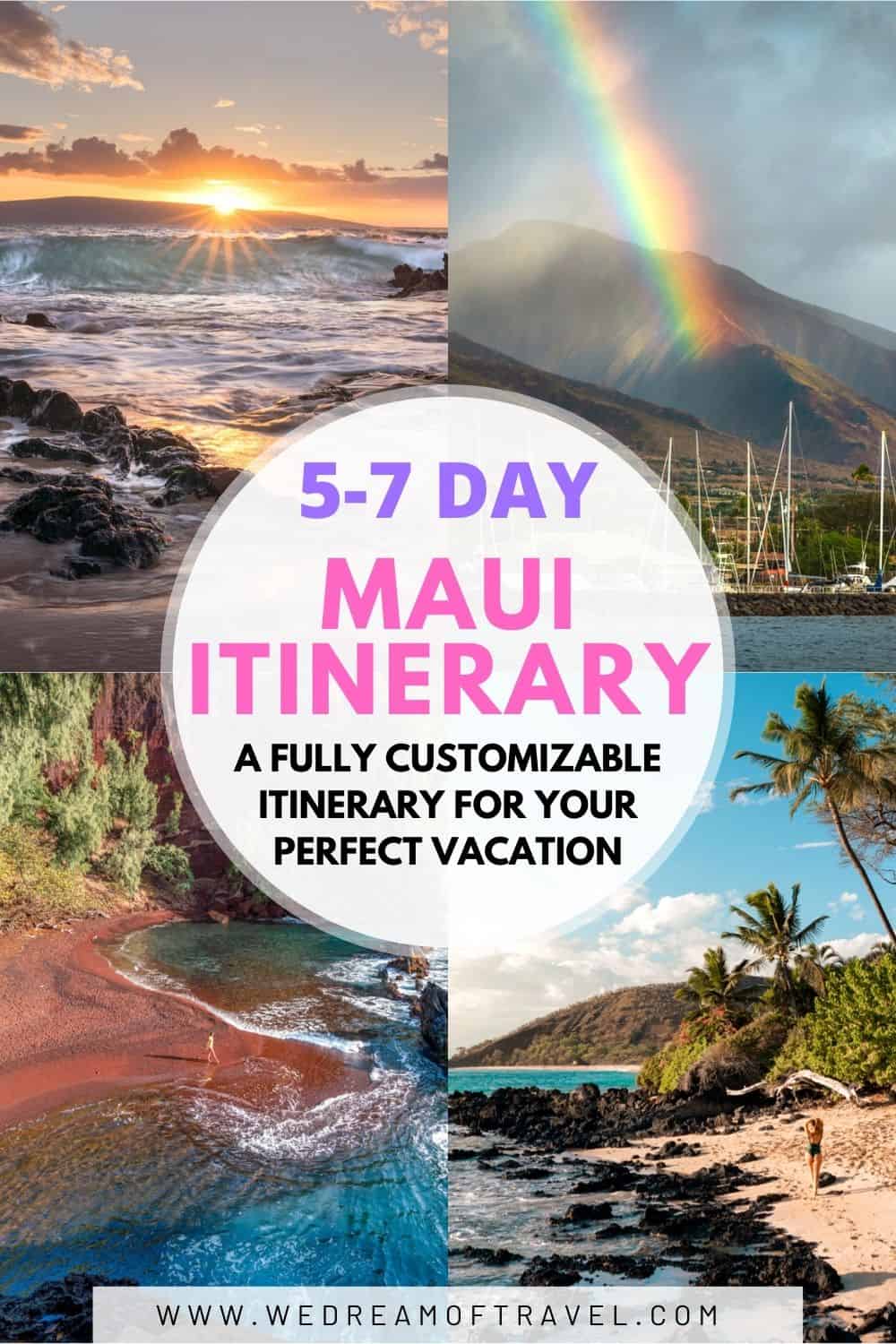 Plan your perfect Maui vacation with this fully customizable 5-7 day Maui itinerary. Relax on white sand beaches, go on an underwater adventure and come face to face with turtles, set sail and watch the sunset over the ocean, explore waterfalls, red sand and black sand beaches, and so much more!