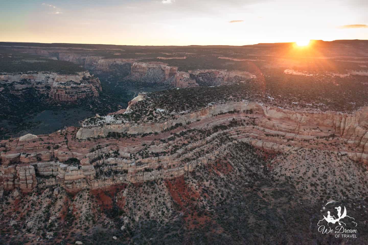 Aerial view of Colorado National Monument at sunset.