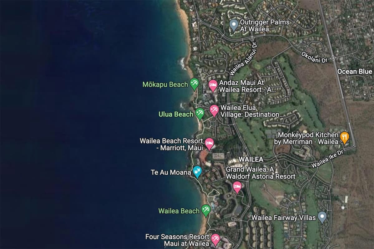 Satellite view of the location of Mokapu Beach.