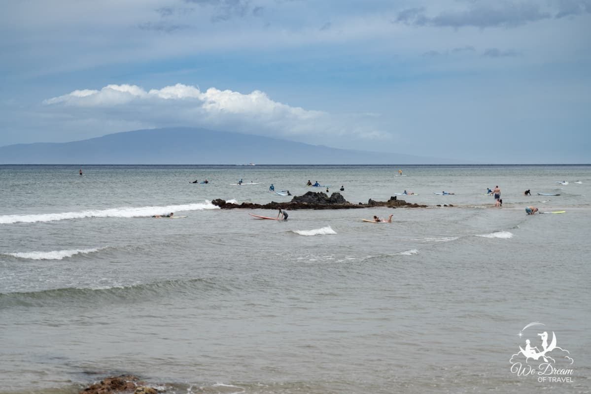 Bodyboarders and surfers crowd the waters of Cove Beach Park.