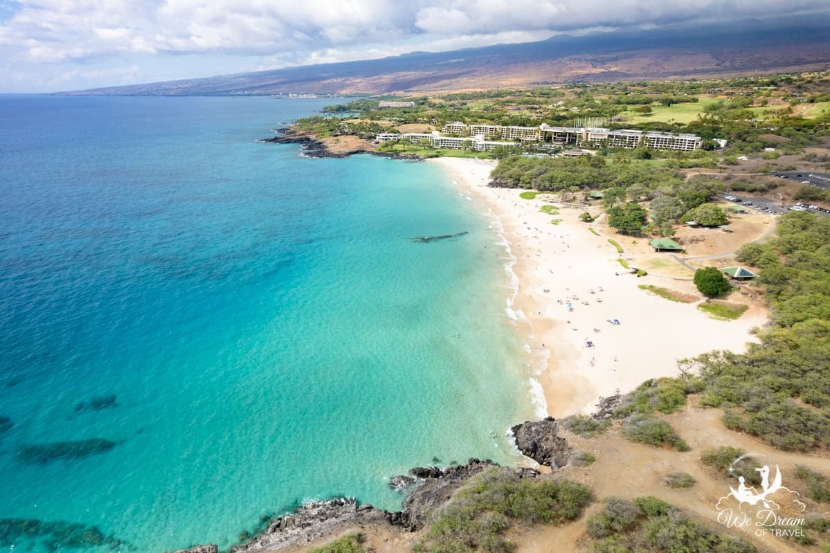 Drone photo of the crystal clear waters of Hapuna Beach on the North Kona shore of Big Island.