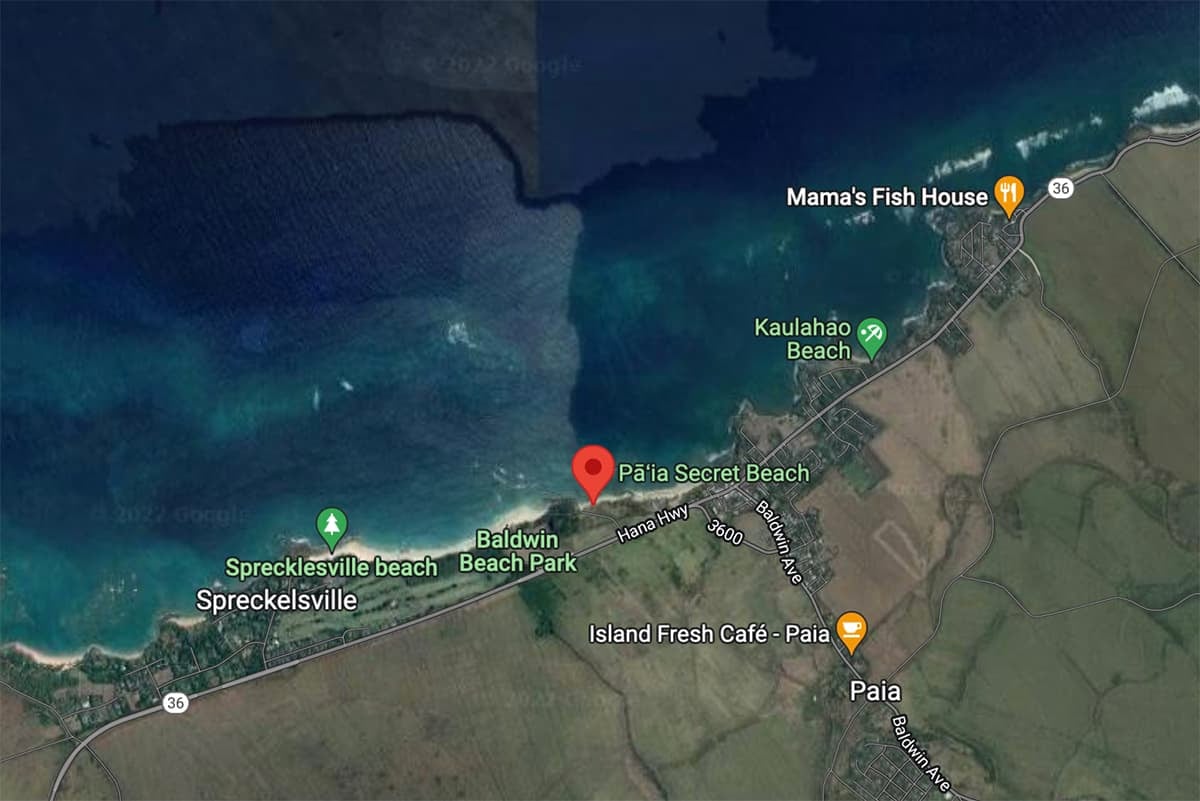 A satellite view showing the beaches along Hana Hwy on the Maui north shore.