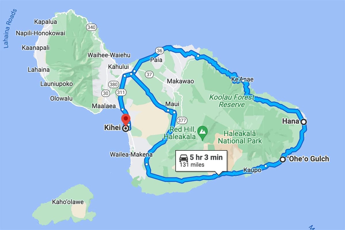 Map showing loop route for the Road to Hana itinerary