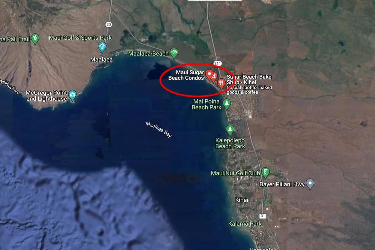 A Satellite View of where to find Sugar Beach on the north end of Kihei.