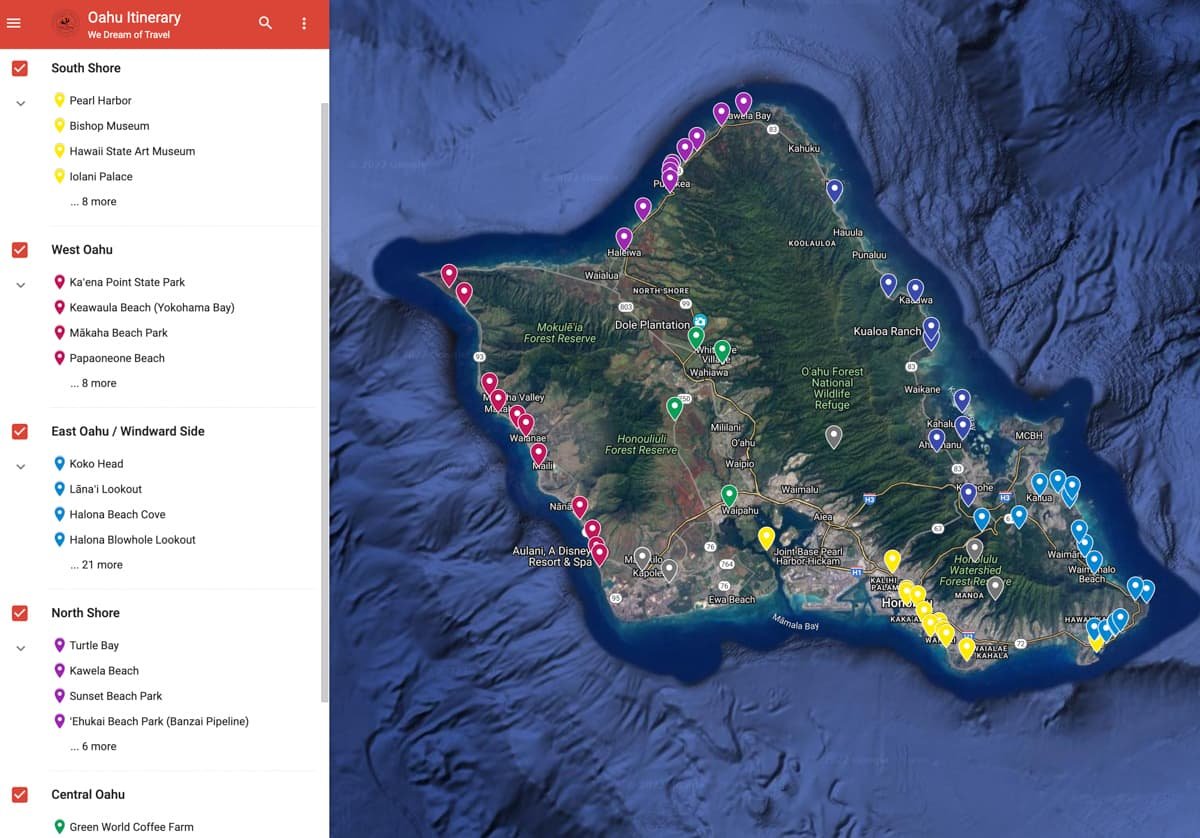 Map of Oahu showing all the points of interest during a 5-7 day Oahu itinerary